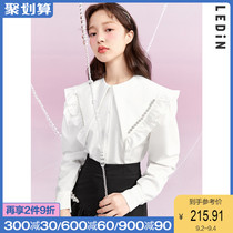 Lemachi sweet ruffled neck top 2021 autumn new white shirt women loose large lapel collar long sleeve shirt