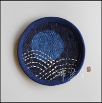 Cloth Mingtang handmade patch thorn embroidery cotton hemp round coaster Plant blue dyeing cloth art coaster tea mat