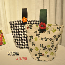 Chidori plaid canvas portable zipper bucket bag Simple small hand bag Office worker lunch lunch box bag Korean style