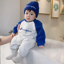 Baby clothes winter clothes warm conjoined Super foreign handsome handsome net red plus velvet ha clothes male baby thick climbing clothes out