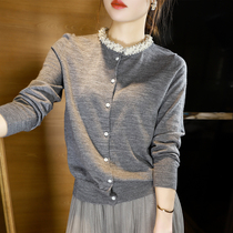 Thin neckline nail Diamond merino wool jersey womens gray round neck long sleeve knitted cardigan small coat