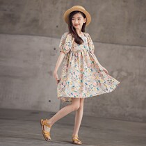 Pop Brand Girls Bubble Short-sleeved dress Hong Kong Wind Zhongda Childrens clothing Princess skirt Childrens summer cotton floral dress