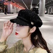 Hat female spring and autumn Korean version of tide Joker fashion silver sequins flat top duck tongue navy hat beret octagonal hat