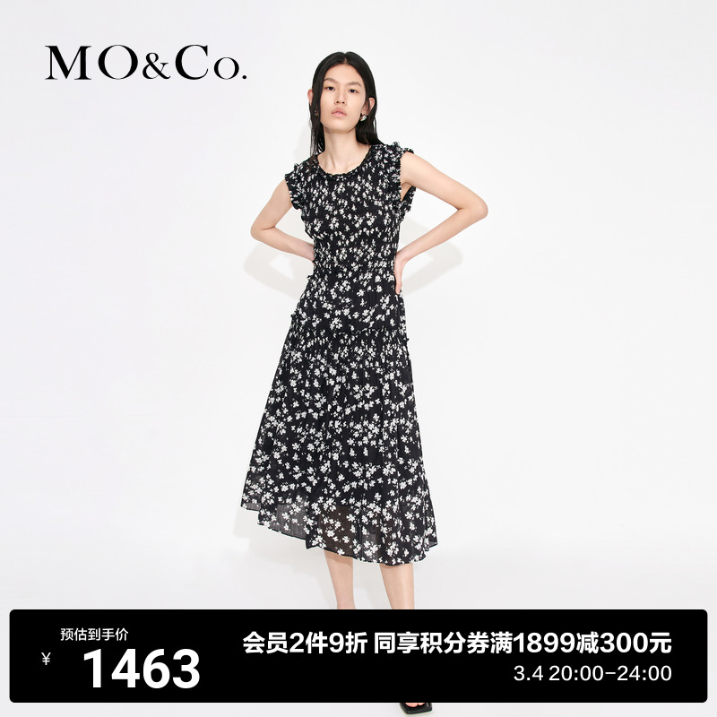 MOCO フリル レース ウエストを締める花柄ノースリーブ ガーデニング スタイル ドレス、エレガントなバックレス スカート付き