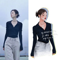 I am very good in my hometown Qiao Xichen Zhou Yutong star with the same black knitwear V-collar early autumn slim top