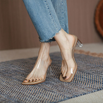  Jiaowenxi sandals womens 2021 new summer net red one-word slippers with thick heels women wear crystal transparent high heels