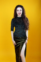 Ji Xiaobai original Velvet carved top diamond velvet hip split skirt belly dance set performance clothing 2021