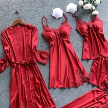 2022 New spring autumn advanced senses sleepwear women feel thin with five sets of ice silk harnesses sleeping skirts with chest cushion summer