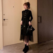 2021 Spring and Autumn new dress children tweed stitching mesh dress knitted base shirt two-piece set