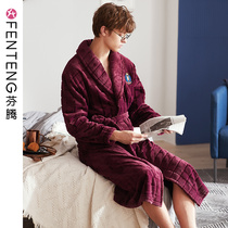 Fenteng autumn and winter coral velvet nightgown mens solid color plus velvet bathrobe youth home warm large size flannel pajamas