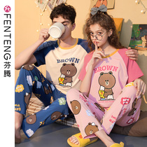 Fenteng Brown bear couple pajamas womens summer thin section pure cotton cartoon short-sleeved suit summer mens casual home clothes