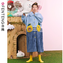 Fenteng autumn and winter pajamas female brown bear coral velvet padded Korean home clothing flannel long nightgown womens bathrobe