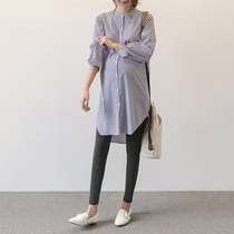  Maternity clothes spring and autumn thin striped plus size shirt new Korean mid-length stand-up collar long-sleeved shirt skirt dress