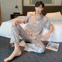 Mens pajamas summer ice silk plus fat size 200 pounds plaid short sleeves long pants youth Korean version of simple home wear