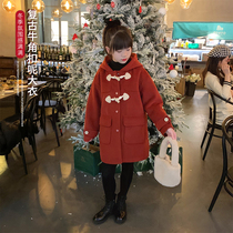 Girls Thickened Red Wool Coat 2021 Winter Clothes Children's Western Style Hat Warm Coat Girls New Year Coat