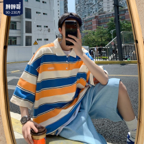 Fat fat brother stripes retro polo shirt mens summer Tide brand ins lapel short sleeve T-shirt large size loose half sleeve shirt