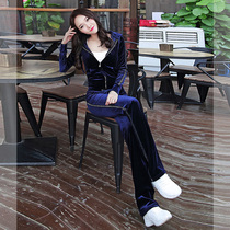 Golden velvet sports suit female spring and autumn 2021 New Korean fashion slim foreign style casual three or two sets