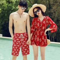 2021 couple swimsuit sexy red bikini three-piece set male beach pants belly cover thin skirt swimsuit female