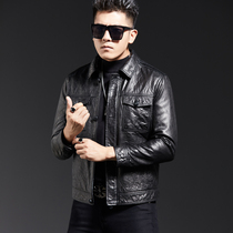 Spring and Autumn high-end oil wax sheepskin Haining leather mens motorcycle riding leather jacket trend lapel jacket
