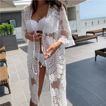 White Sexy Lace Knitted Beach Blouse Long Long Sleeve Medium Long Lady Cardigan Bikini Swimsuit Jacket