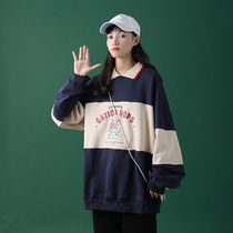 Niche design sense of color splicing polo sweater men and women students Korean loose ins autumn College harbor trend