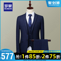 Romon suit suit mens 2021 autumn new business casual professional formal slim wild suit three-piece suit