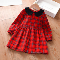  Girls Cotton Plaid dress Childrens long-sleeved Red Princess dress Girl doll collar Spring and Autumn bottoming skirt