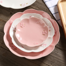 Japanese cherry blossom pink relief ceramic plate with meal dish dish disc ceramic fruit plate