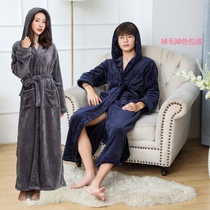 Autumn and winter thickened elongated bathrobe womens winter coral velvet men hooded yukata couple hooded flannel nightgown