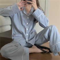 Spring and autumn cotton blue casual ins Korean pajamas Female students simple Korean version of spring long-sleeved home clothes