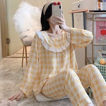 Cotton silk pajamas womens spring and autumn long-sleeved sweet artificial cotton home clothes Japanese plaid can be worn outside cotton cotton suit summer