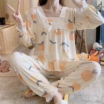 Pajamas womens autumn and winter long-sleeved sweet Korean version of cute spring womens large size monthly clothes postpartum home clothes set