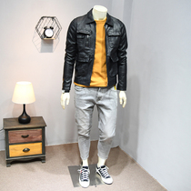 Japanese Harajuku Tide overalls multi-pocket short lapel locomotive clothing leather mens spring and autumn models