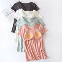 Short-sleeved women Summer thin bra-free Cup one-piece BRA-t half-sleeved T-shirt home yoga base shirt