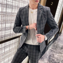 Gray Plaid Korean slim casual suit two-piece suit men Professional Suit groom groomsman wedding dress