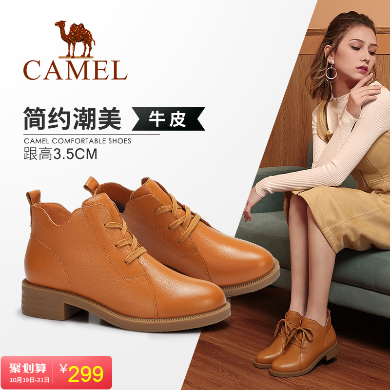 Camel Shoes 2019 New Martin Boots Female True Leather Thick-heeled Shoes Female Winter Top Cowskin Medium-heeled Female Boots