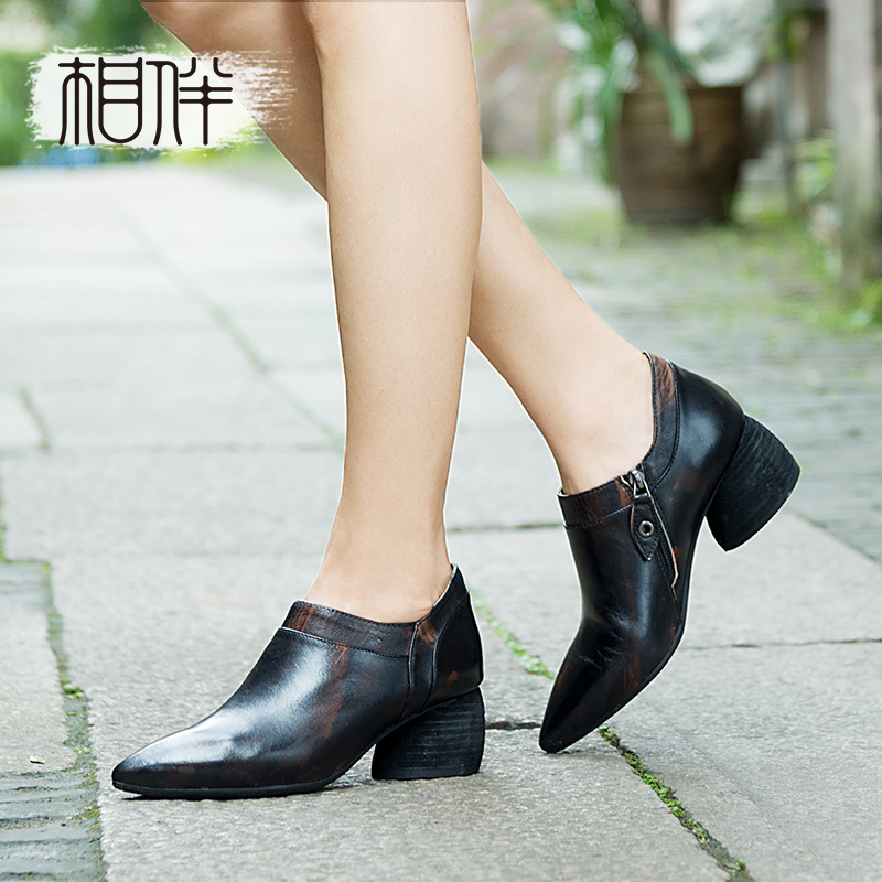 With the Spring and Autumn New Genuine Leather Women's Shoes Hand-polished Antique Leather Shoes Fashion Britain's Pointed Deep-mouthed Lazy Single Shoes