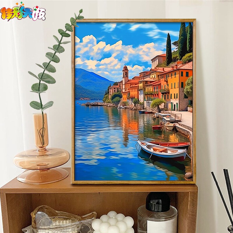 佳彩天颜数字油画DIY手工填色体验：科莫湖治愈系客厅装饰画，真的值得