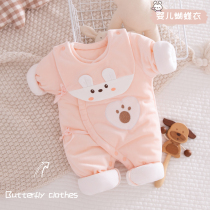 Autumn and winter newborn baby boys and girls baby quilted thick warm one-piece cotton butterfly clothes tie romper newborn
