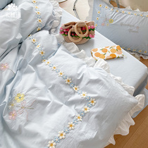 Girl heart small flower embroidery cotton washed cotton four-piece set spring and autumn pure cotton small fresh soft naked bedding