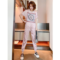 Fried Street Nameplate Sportswear Suit Women 2022 Summer new pink Ice Screen Red Aging Leisure Wear two sets