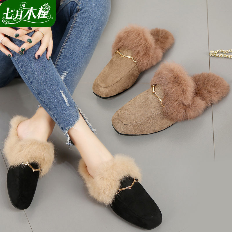 Rex rabbit fur slippers fashion wear sandals and slippers 2018 autumn new flat shoes lazy tow bag women's shoes