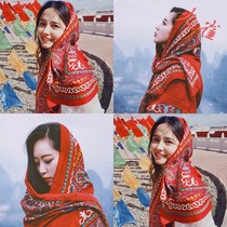 Red national wind tourism vacation photo super beautiful Xinjiang Tibet desert Qinghai big shawl scarf woman