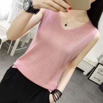 (High quality)Fat sister ice silk knitted V-neck large size inner collar sleeveless summer loose base outside wear