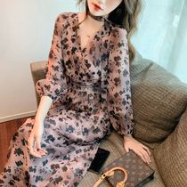 Socialite style BAO WENV collar floral long skirt female 2021 spring and autumn new French temperament waist thin dress