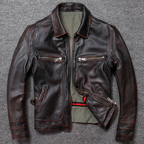 Leather leather clothing mens short retro old casual first layer cowhide motorcycle leather jacket jacket tide Ami kachi