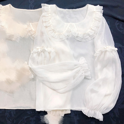 taobao agent Homemade double -layer lace collar naval collar bubble sleeves clear lolita with loose chiffon shirts in summer sunscreen
