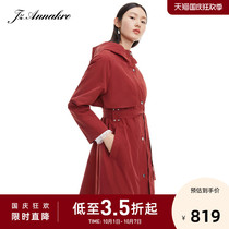 JUZUI Jiuzi 2021 autumn new solid color stitching casual lace-up hooded fashion long womens windbreaker coat
