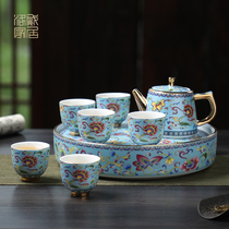 Enamel color tea set set household living room high-end ceramic tea tray Kung Fu tea set Tea set Teapot Teacup