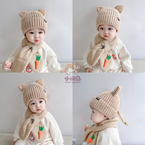 Baby hat autumn and winter cotton girl cute childrens hat wool ear protection scarf boy winter knitting